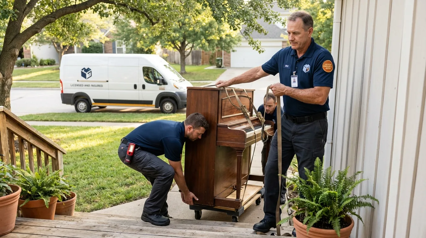 Licensed piano movers securing grand piano in Bremen, OH