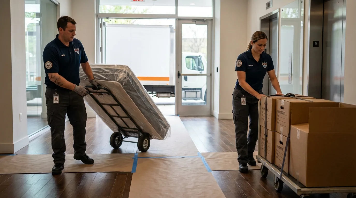 Professional apartment movers loading elevator in Bremen, OH