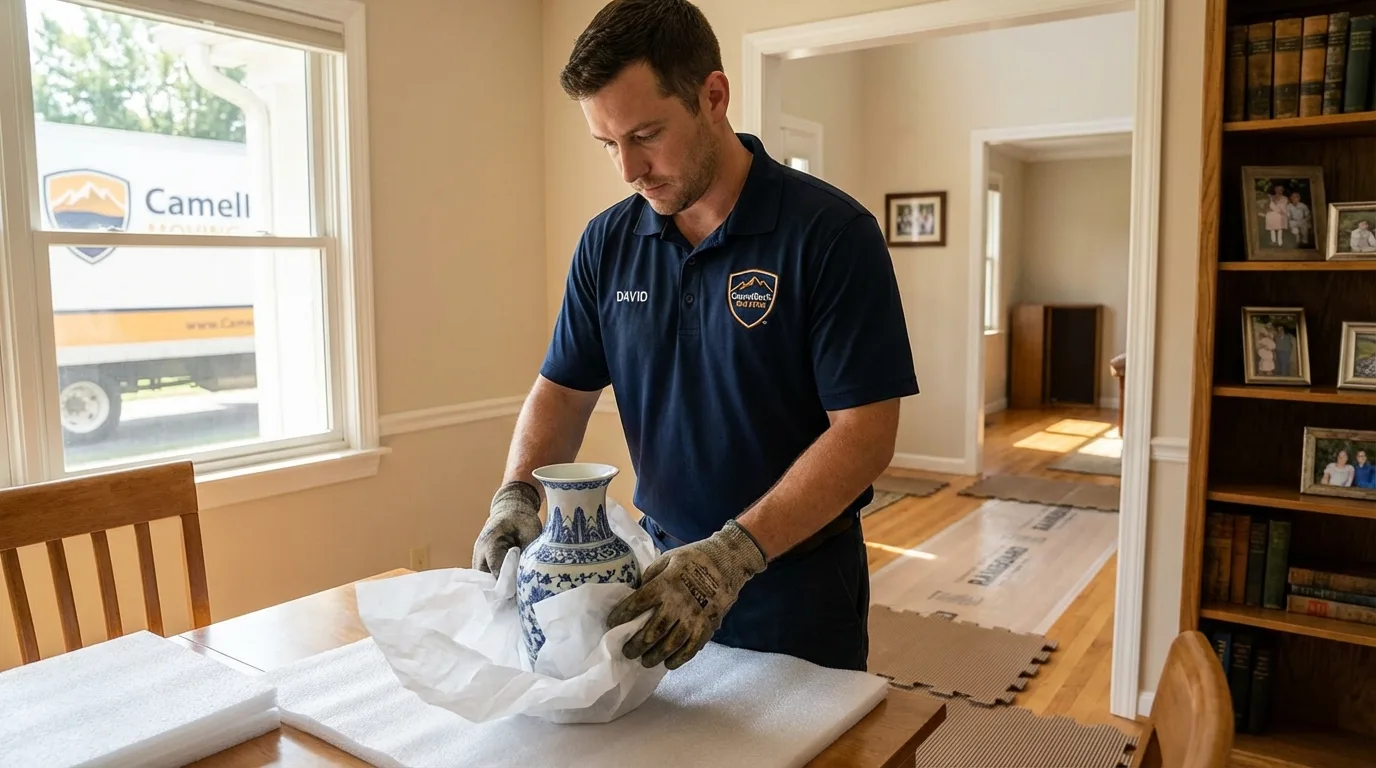 Professional crew carefully wrapping antique vase for senior downsizing move in Bremen, OH